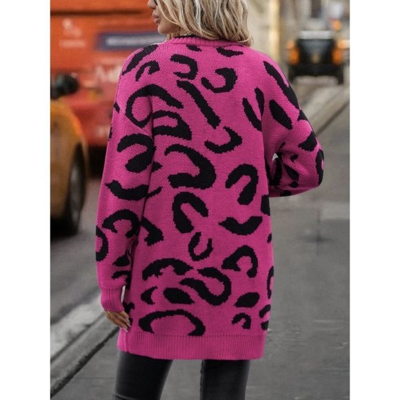 Leopard Print Open Front Knit Cardigan Pink - Picture 2 of 6